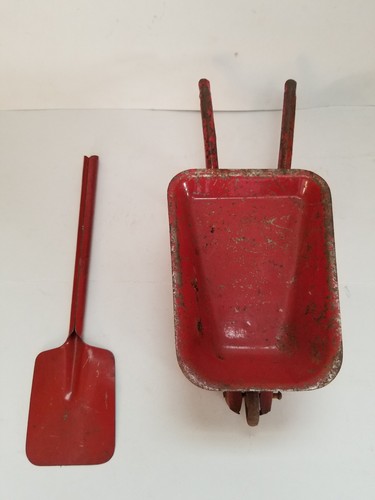 Marx Wyandotte Pressed Steel Toy Wheelbarrow & Shovel 1940'S Metal Wheel Red USA
