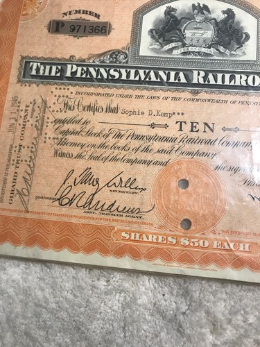 Pennsylvania Railroad Company Stock Certificate Orange Horses State Seal TEN