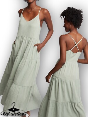 Able Dress Women XXS Tyler Scrappy Maxi Dress Green Tiered Criss Cross Straps