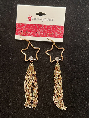 E4298 UNIQUE GOLD TONE CRYSTAL STAR TASSEL HOOK DANGLE EARRINGS