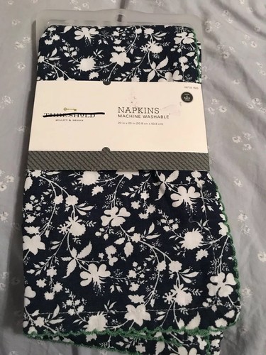 NEW Threshold METALLIC BLUE FLORAL NAPKINS Blue White Green Set 4 NWT