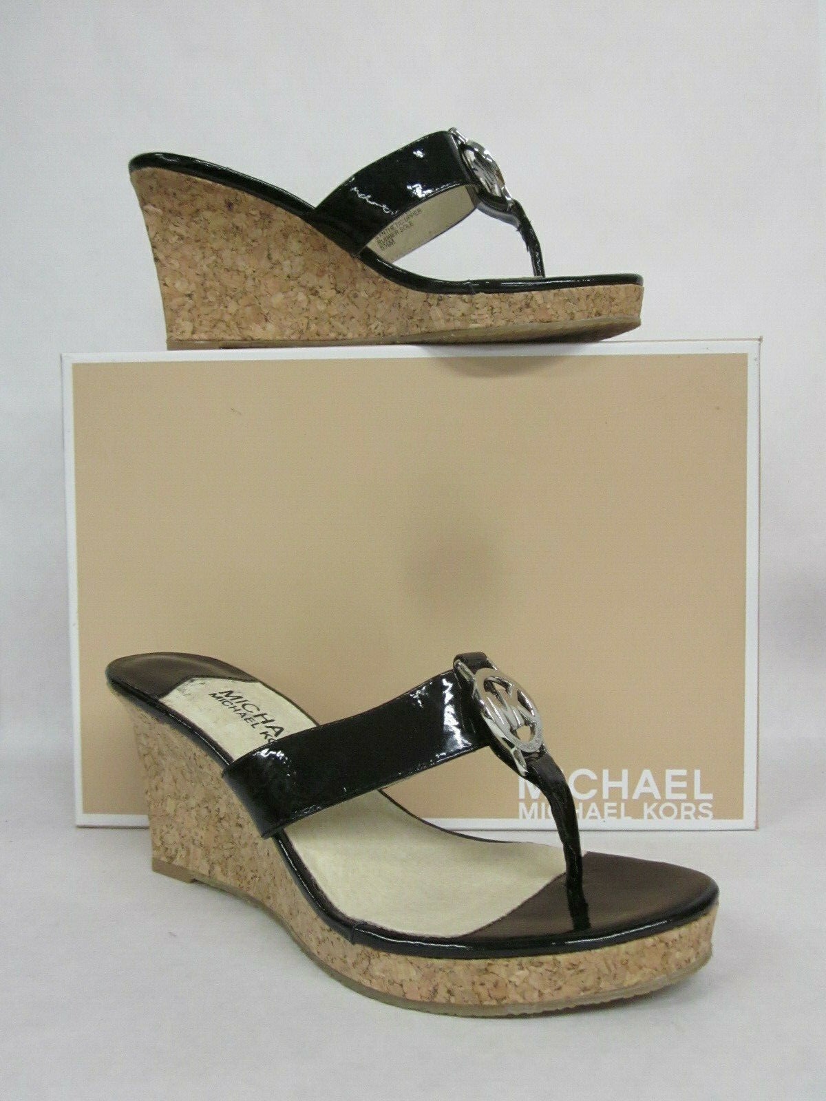 MIchael Kors Palm Beach Black Patent Wedge Thong Sandal