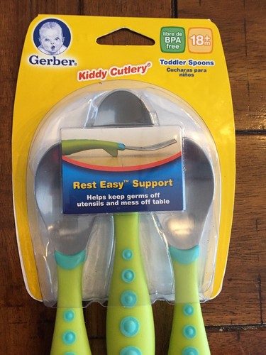 Gerber Graduates 3-Piece Kiddy Cutlery GREEN Baby Toddler Spoons Set 219