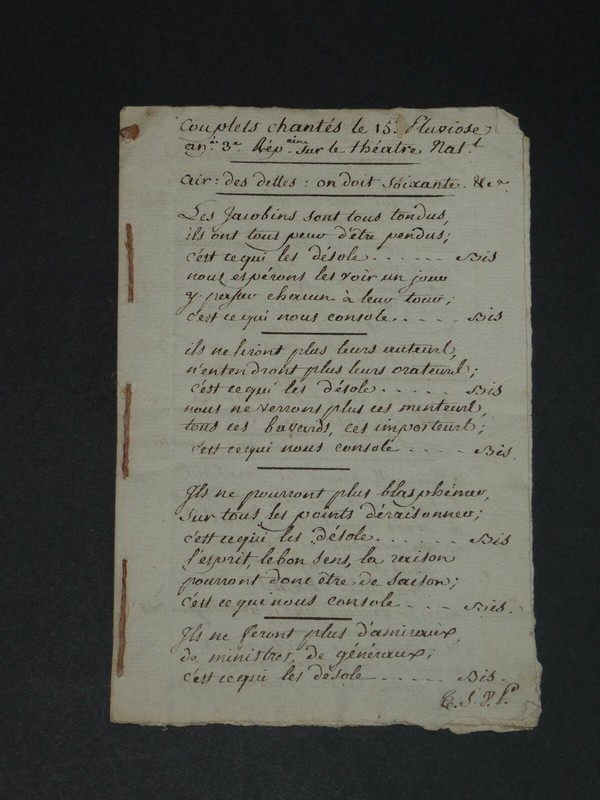 Couplets ChantÃ©S Sur Les Jacobins Honnis Manuscrit Autographe SignÃ© 7 Pages 1795