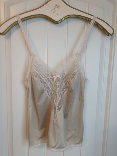 VTG Christian Dior Cami Satin Lace Beige Embroidered Logo 28