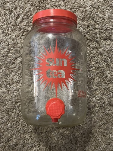 Glass Jar Beverage Dispenser Red Lid 1 Gallon Vgc