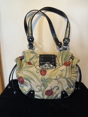 Vintage Marc Chantal MC Woven Tapestry Ladybug Bag Tote Genuine Leather Trim