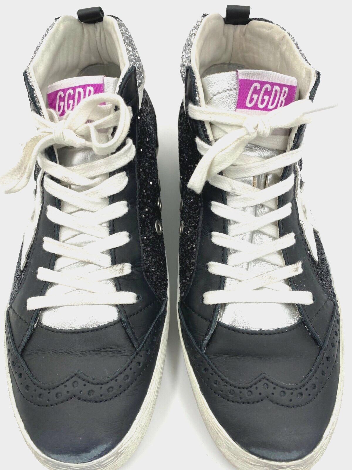 Golden Goose Mid Star Glitter Wing-Tip Black/Silver Sneakers Women Size 9