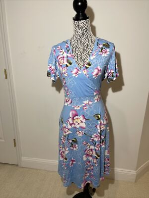 DB Moon Dress Stretchy Size XL Floral Blue Aline Short Sleeve Pockets