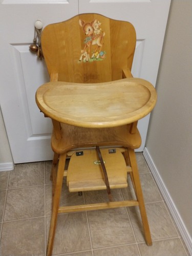 Thayer vintage high chair. Bambi wooden baby chair.