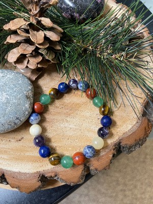 Chakra  Natural Stone 7 Multicolor Round Beaded  Elastic/Stretch Bracelet