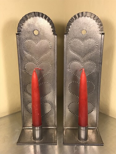 Punched Tin Wall Mount Candle, Long Matchstick Holder Heart Pattern Red Candle