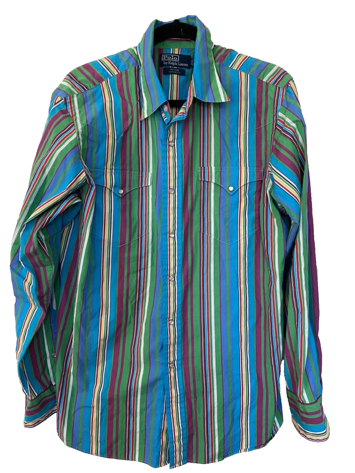Polo Ralph Lauren Western Shirt Mens Large Blue Multi Stripe Pearl 