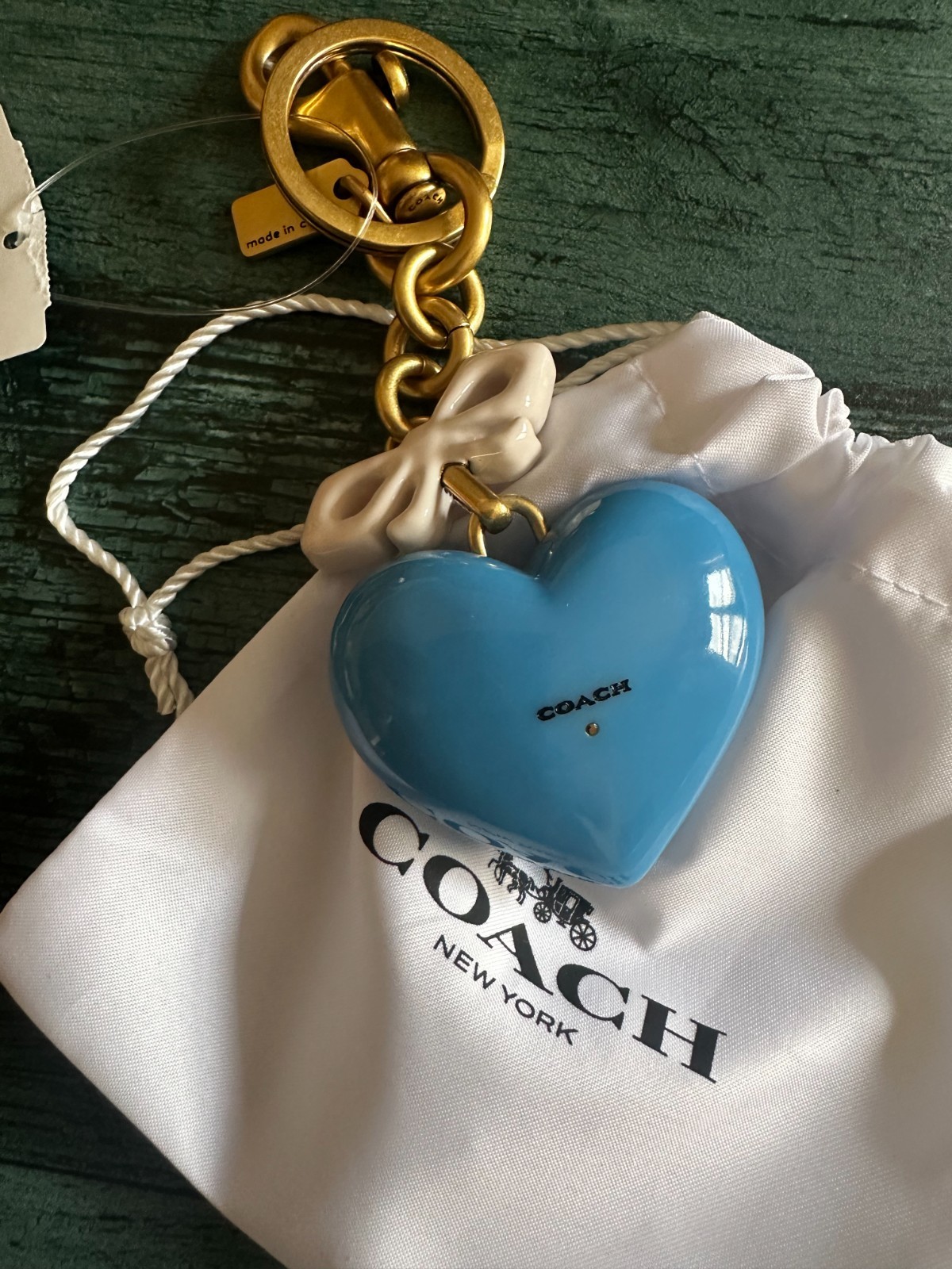 NWT Coach Resin Heart Bag Charm Keychain Brass/Blue Multi | eBay