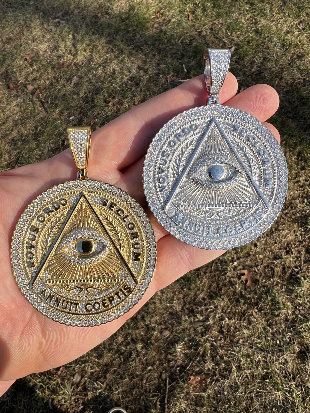 Pre-owned Harlembling Moissanite Huge 3" All Seeing Illuminati Eye Masonic Medallion Necklace Silver