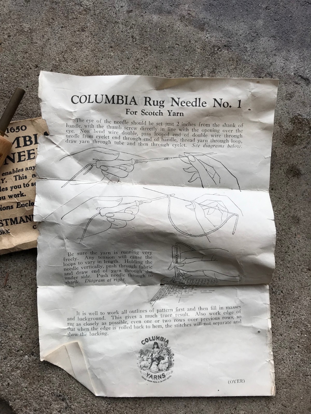 Antique Wooden Columbia Rug Needle No. 1 with Original Instructions and Package