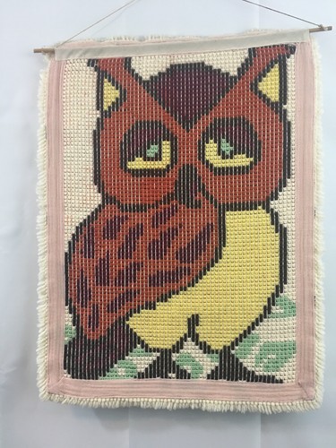 Vintage Owl Latch Hook Rug Wall Hanging Retro Decor Mcm 26x20 Large Prop