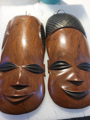2 Vintage Carved Wooden Face Wall Hanging Sculpture heads mid century Excellent 