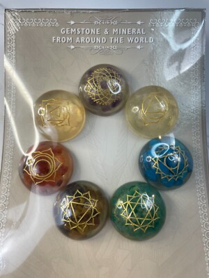 7 Chakra Circle Orgone Smooth Stone Set With Engraved Chakra Symbols, 1.5  inch