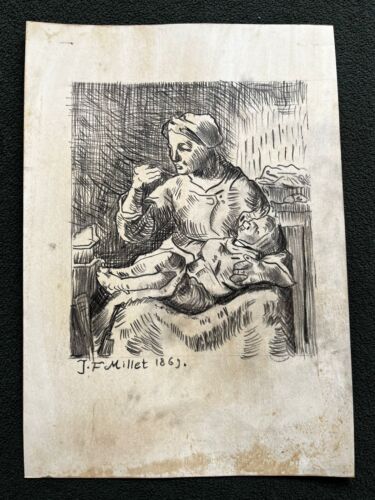 Jean-François Millet Drawing on paper (Handmade) signed and stamped mixed media
