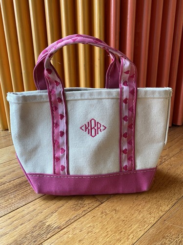 Vintage 90s LL Bean Boat And Tote Canvas Pink Hearts Strap Small Made In USA