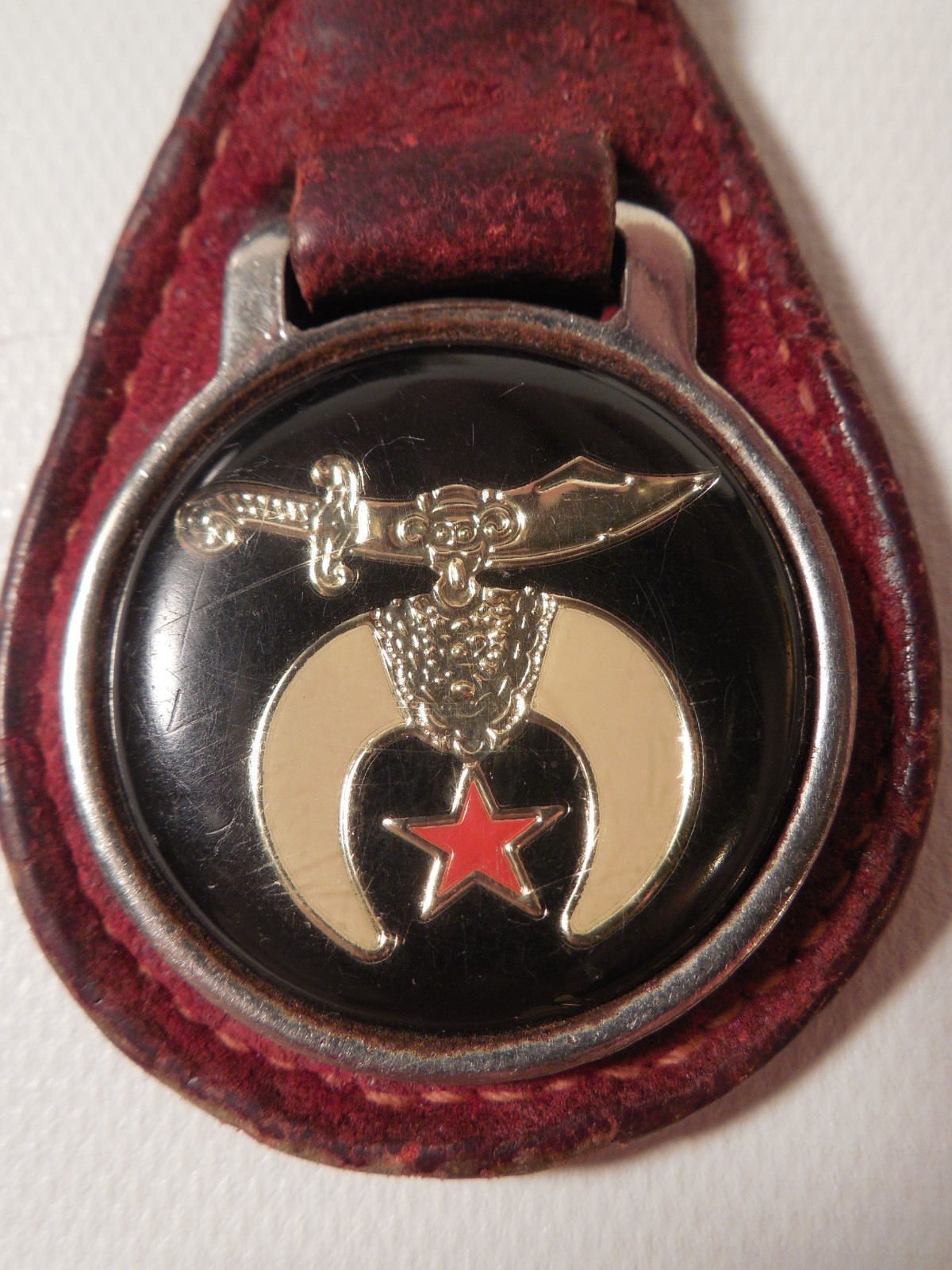 Vintage Leather Backed Shriners Club Logo Fraternal Keychain