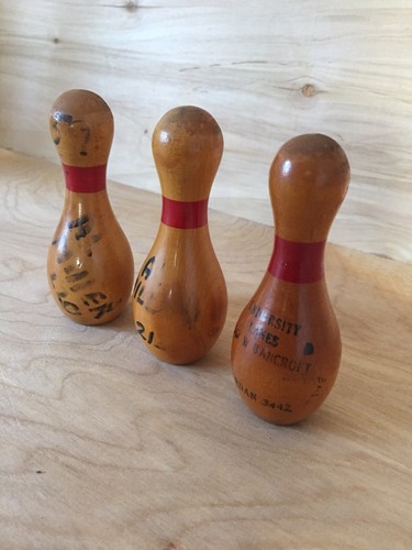 Lot of 3 Vintage Miniature Mini Wood Bowling Pin Trophy Award