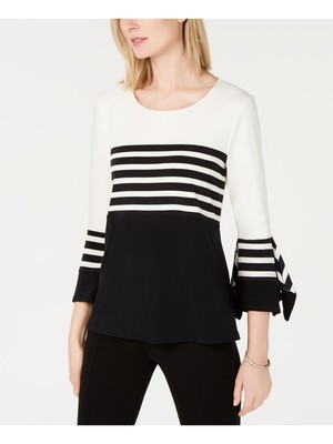 

ALFANI Женский черный полосатый топ с рукавами-колокольчиками и круглым вырезом