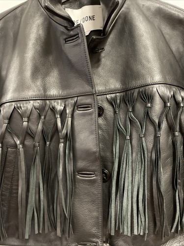 Pre-owned Re/done Re Done, Leather Fringe Jacket Women Size S Black Cropped Clubwear Crop