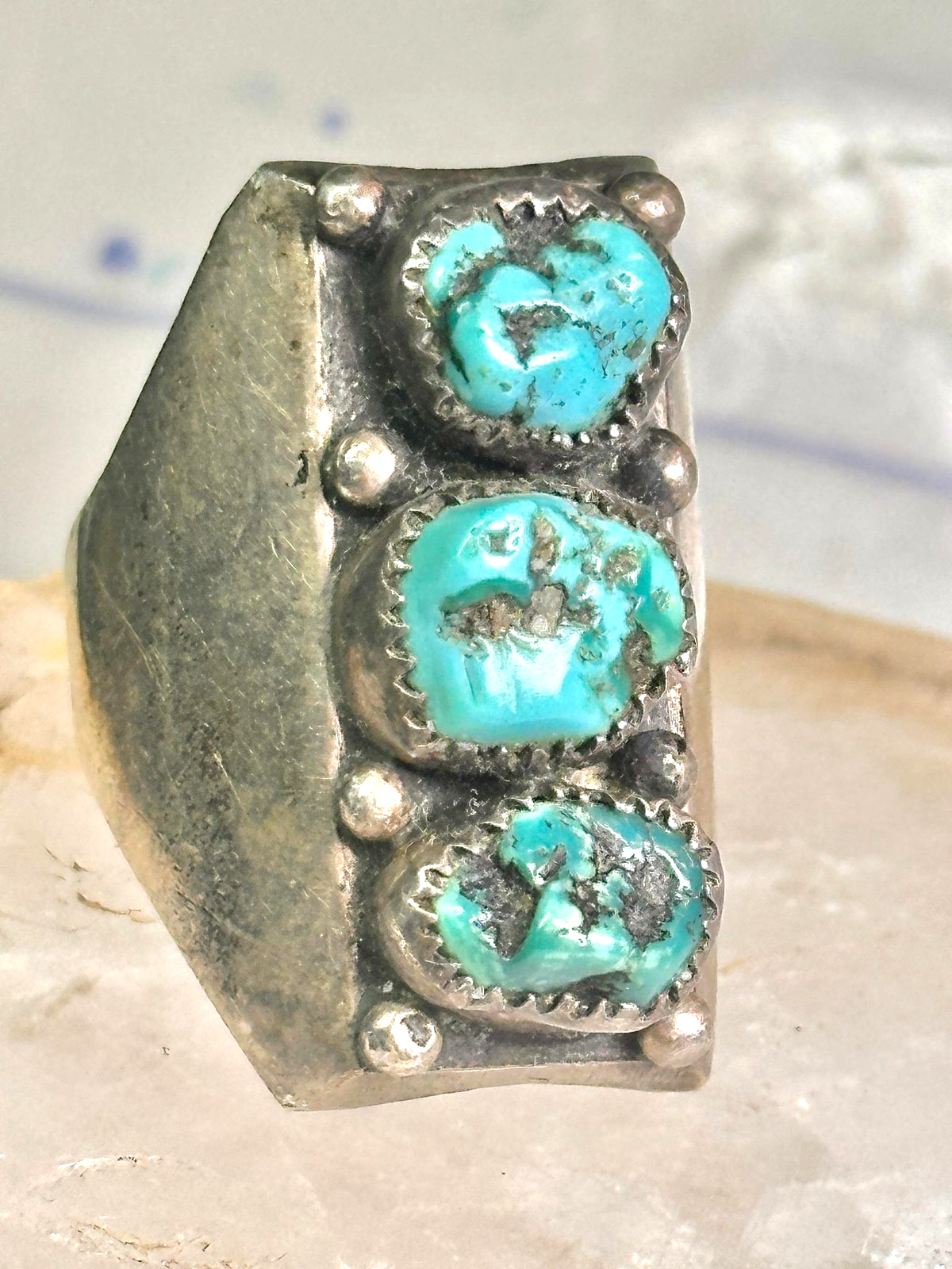 Long Navajo ring Heavy turquoise band vintage sterling silver size 10.75 women m