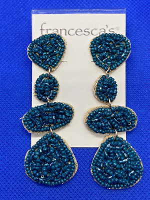 FRANCESCAS  2  1/2  INCH BLUE BEADED LINEAR DROP CHANDELIER EARRINGS