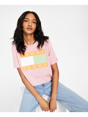 

TOMMY JEANS Женский розовый укороченный топ с круглым вырезом и графическим логотипом в рубчик, с короткими рукавами