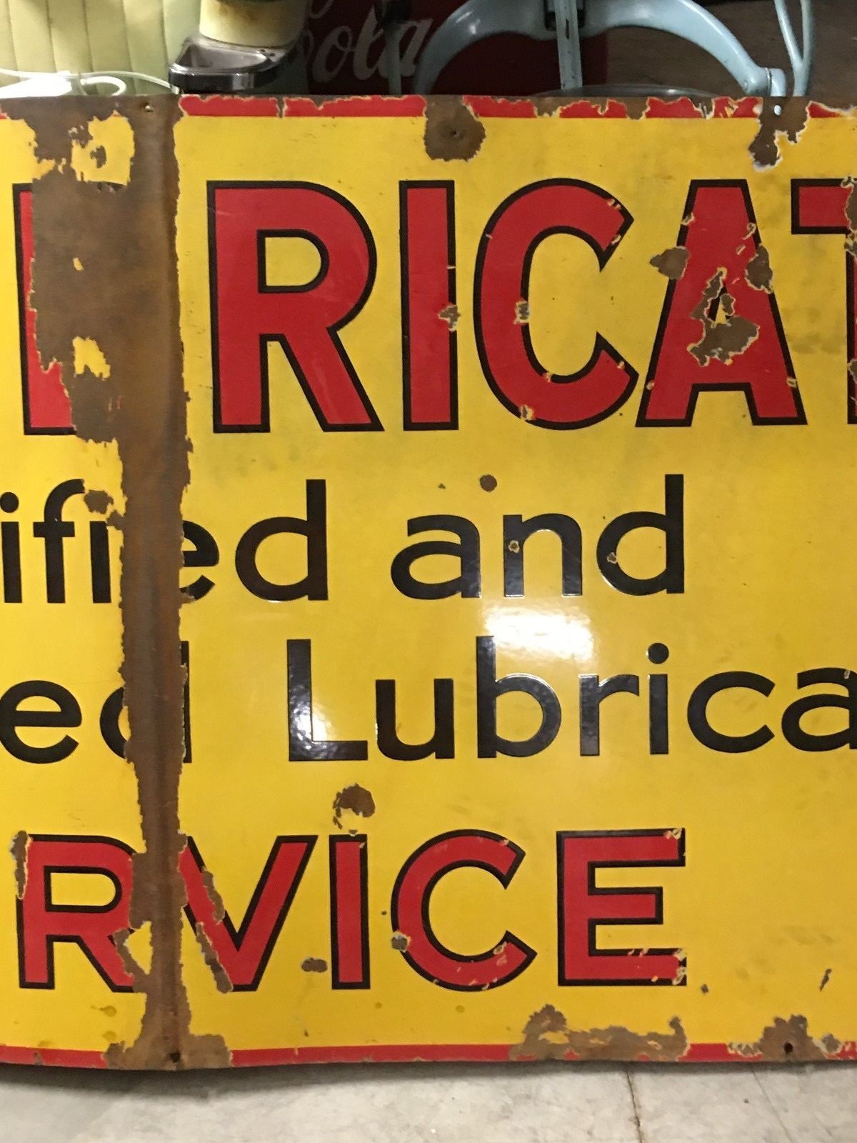 LARGE ORIGINAL Vintage SHELL SHELLUBRICATION Porcelain SIGN Gas Oil Patina OLD