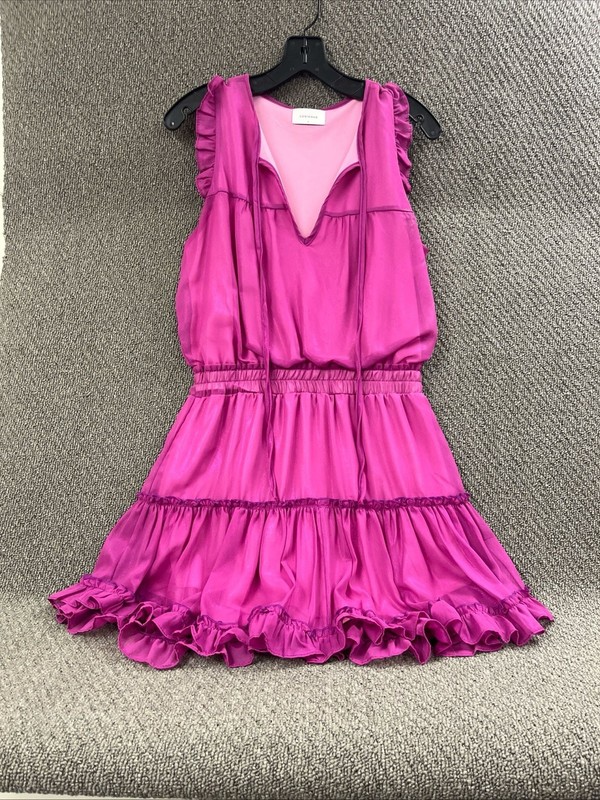 Adrienne Magenta Pink V-Neck Ruffled Sleeveless Tiered Mini Dress Size S