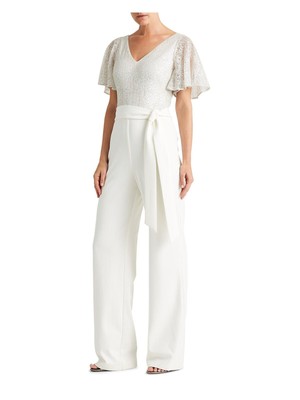 

Женский белый коктейльный комбинезон с широкими штанинами RALPH LAUREN с поясом и пайетками