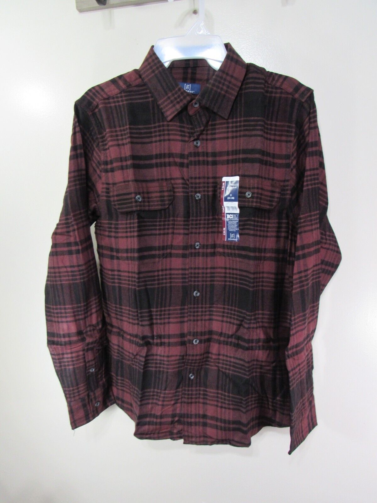 New Men George Flannel Shirt Size S 34 36 Black Brown Plaid Buttons Long Sleeve New Men George Flannel Shirt Size S 34 36 Black Brown Plaid Buttons Long Sleeve