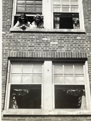 QD Photograph Artistic POV From Below Brick Building Windows Girls Looking Down