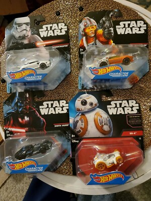 Star Wars Hotwheels 4 Car Lot, BB-8, Darth Vader, Luke Sky Walker, Stormtrooper