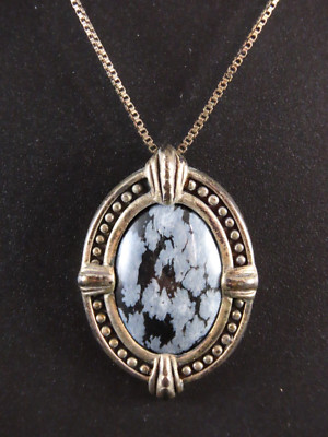STERLING SILVER 20'' Chain Necklace BLACK & WHITE SNOWFLAKE OBSIDIAN Oval Pendant