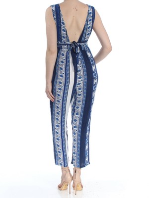 FREE PEOPLE $128 Womens New 1019 Blue Printed V Neck Sleeveless Jumpsuit 10 B+B