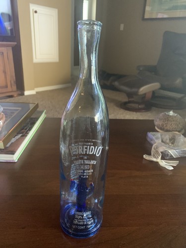 Porfidio Anejo Tequila Empty Liquor Bottle Handblown Blue Glass 750mL Cactus Art