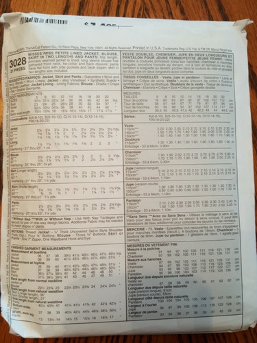 VINTAGE UNOPENED McCALLS PATTERN MISSE/PETITE JACKET/BLOUSE/SKIRT S 6-8-10 #3028