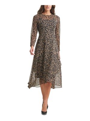 TOMMY HILFIGER Womens Black Crossover-hem Lined Long Sleeve Midi A-Line Dress 14