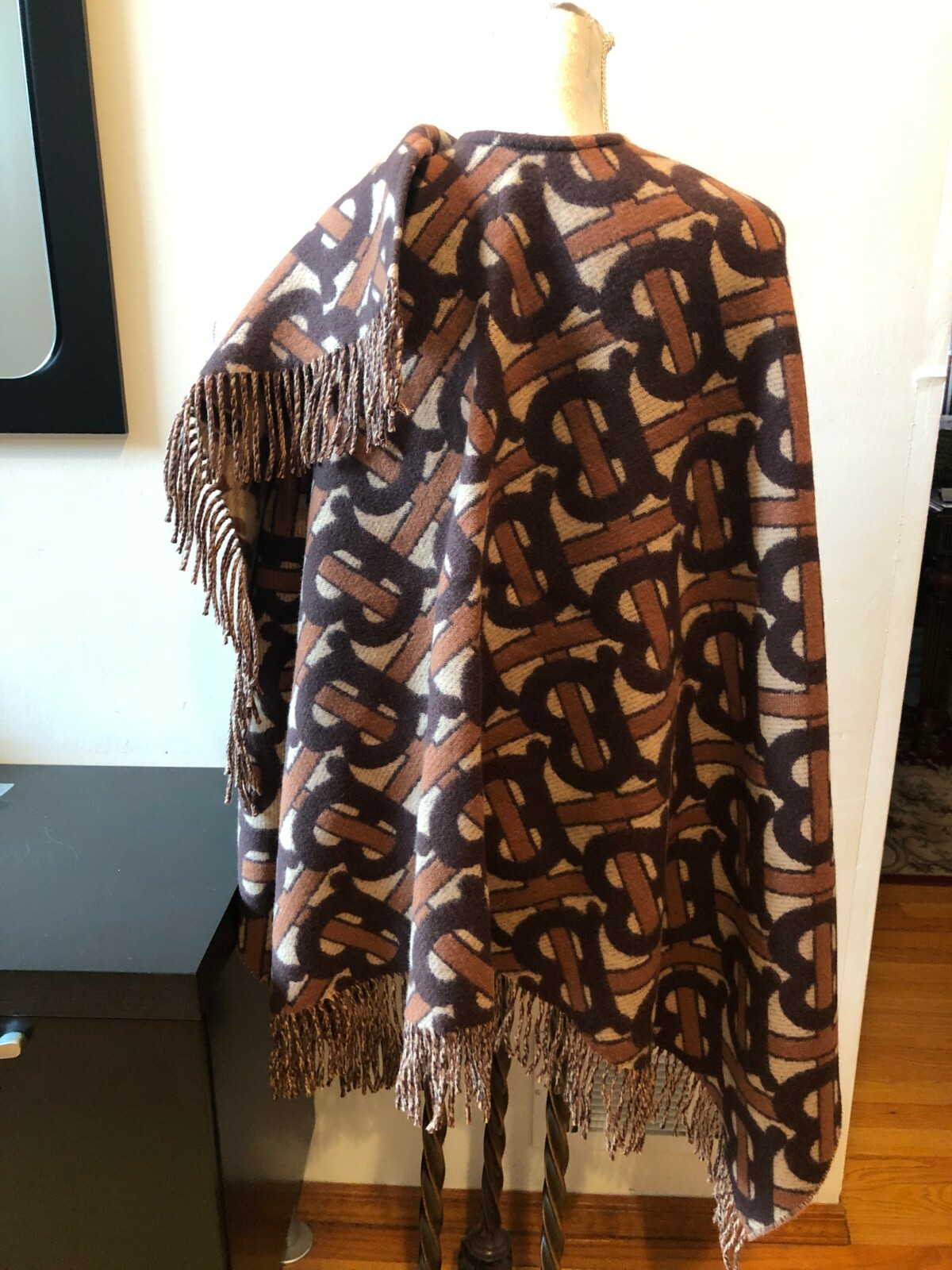 Pre-owned Burberry Tb Wool Cashmere Poncho Cape Shawl Scarf Blanket Reversible In Multicolor