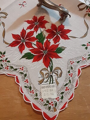 Vgt Christmas  Poinsettia Gold Ribbons NOS Cotton Hankie Handkerchief