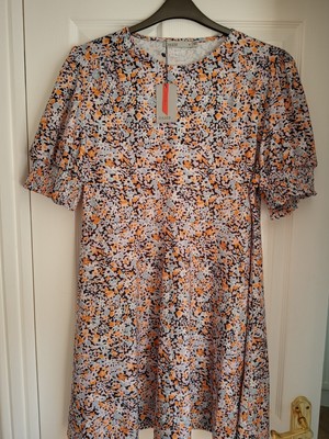OASIS SKATER DRESS NAVY PINK BLUE ORANGE FLORAL SHIRRED UK 16-18, EUR 44-46 BNWT