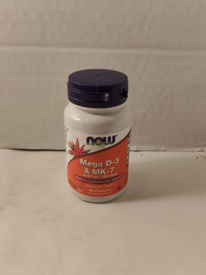 NOW Foods Mega D-3 & MK-7, 5000 IU / 180 mcg, 60 Count Exp 11/2026
