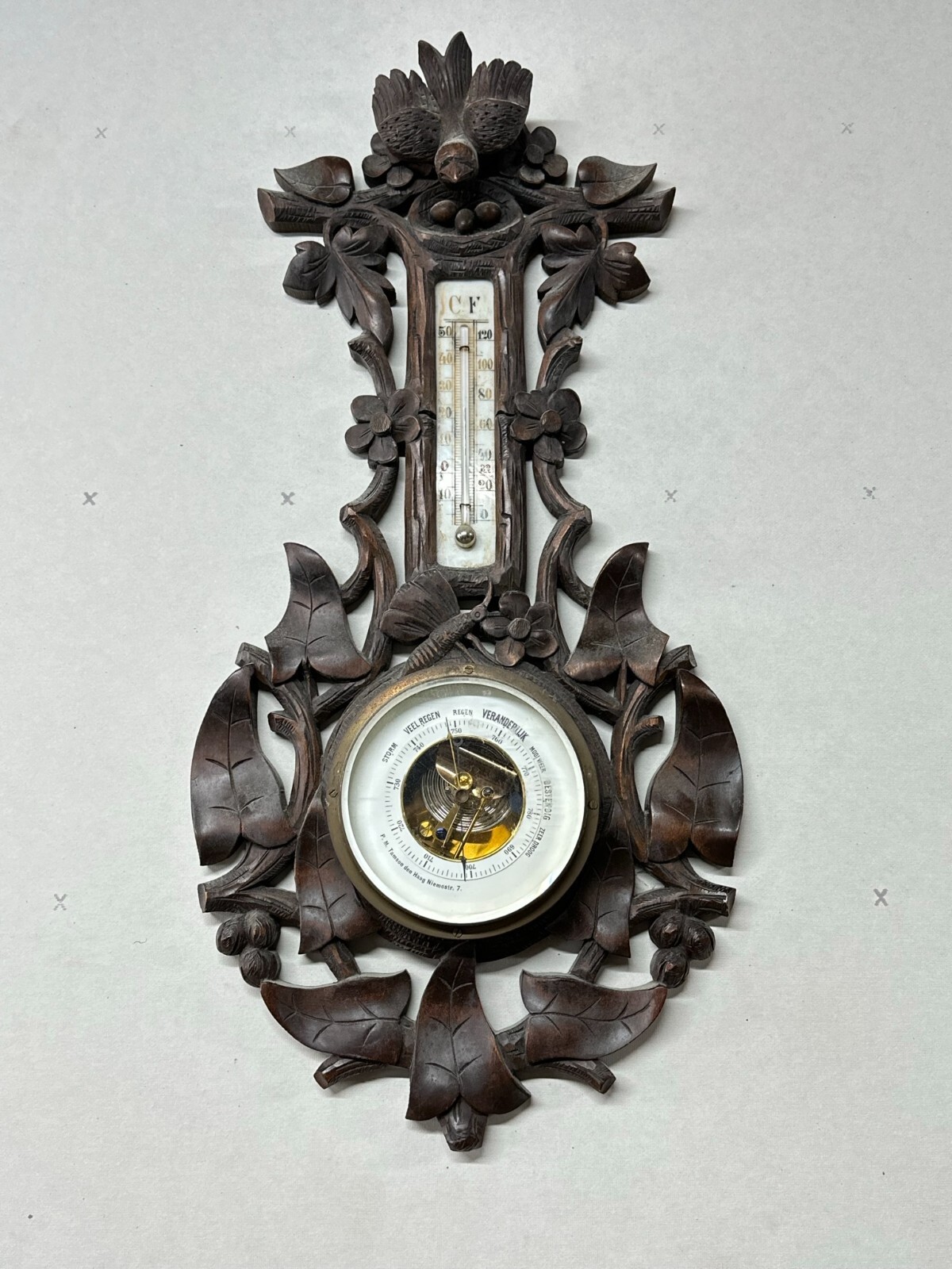 antique black forest barometer carved birds p.m  tamson ornate