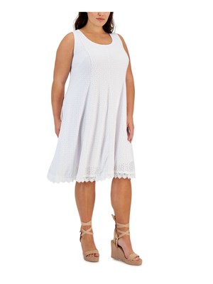 SIGNATURE BY ROBBIE BEE Womens White Lined Lace-trim Hem Pullover Dress Plus 2X