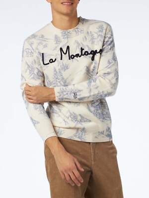 Pre-owned Mc2 Saint Barth Man Crewneck Toile De Jouy Sweater With La Montagne Embroidery In White